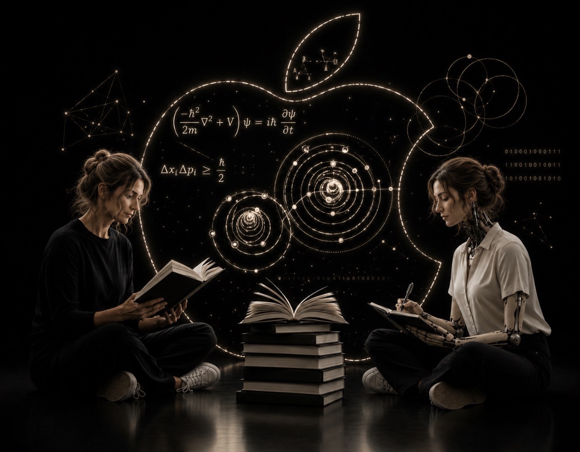 Two scholars — human and machine — studying beneath luminous physics diagrams
